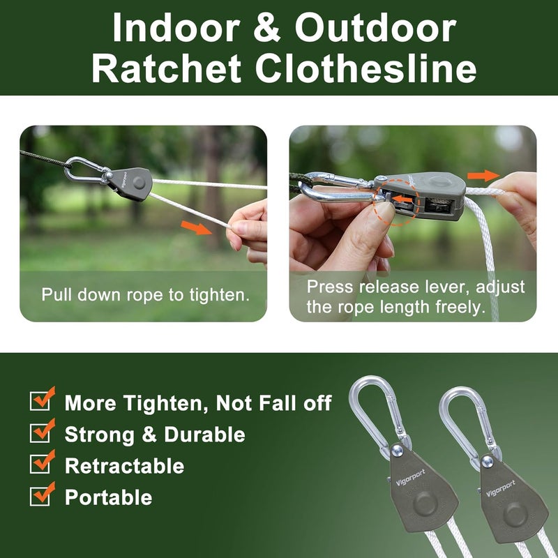 Vigorport Retractable Travel Clothesline, Portable Clothes Line Heavy Duty Rope Pully System with Carabiner for Outdoor Camping, Cruise Ships, Indoor Backyard, Balcony (White, 19Ft) - Image 2